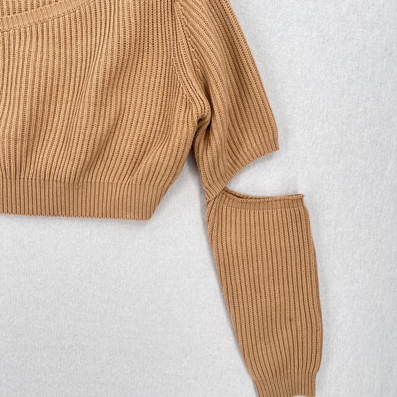 HOUSE OF CB LONDON Mila Sand Cropped Knit Sweater Womens XS Tan Cut out Crew - Picture 8 of 16